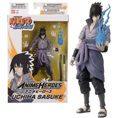 Boneco Uchiha Sasuke de Naruto Shippuden com chamas azuis na mão em embalagem