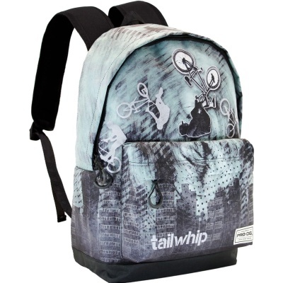 Mochila estampada com ciclistas e fundo urbano cinzento e azul