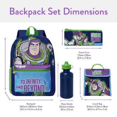 Conjunto mochila com estojo, saco almoço e garrafa azul com imagens do Buzz Lightyear