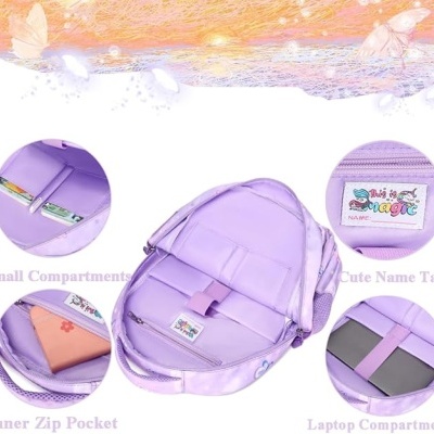 Mochila lilás com vários compartimentos e etiqueta de nome colorida