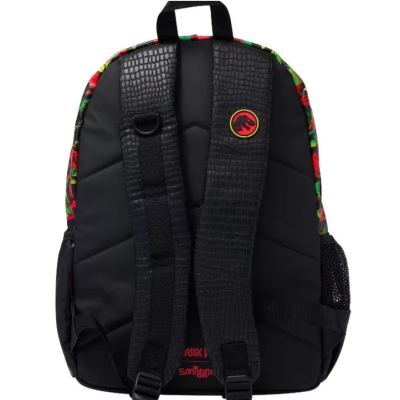 Mochila preta com alças acolchoadas e logótipo de dinossauro