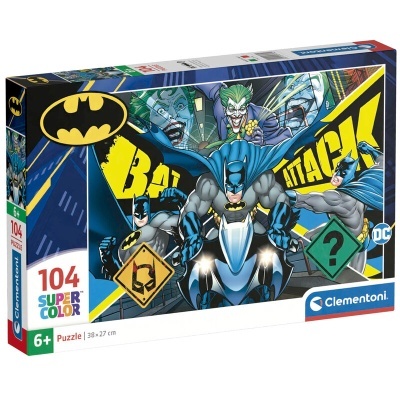 Caixa de puzzle Batman de 104 peças coloridas para crianças 6+ com personagens e sinais.