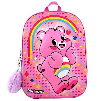 Mochila infantil rosa com ursa e corações coloridos