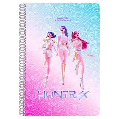 Caderno espiral com capa colorida e personagens femininas estilizadas