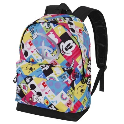mochila colorida com personagens animados e etiqueta 'COOL'