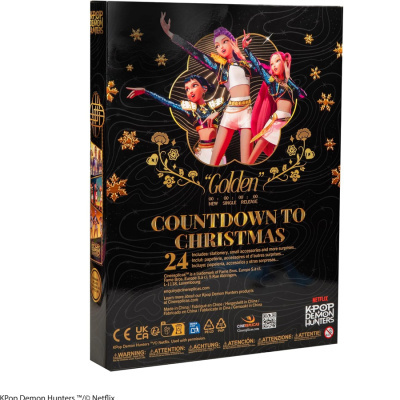 Caixa preta com ilustrações coloridas e texto dourado para contagem regressiva de Natal com 24 itens.