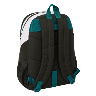 Mochila preta com alças acolchoadas verdes e detalhes brancos vista de trás