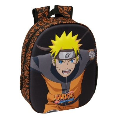 Mochila infantil Naruto Shippuden preta e laranja com alças acolchoadas.