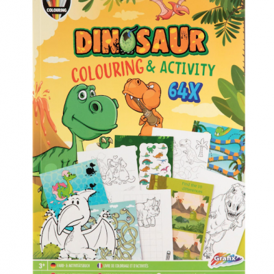 Capa de livro infantil de atividades e colorir com dinossauros coloridos
