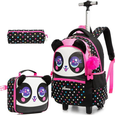Conjunto infantil panda mochila com rodas, estojo e lancheira preta com bolinhas coloridas e detalhes rosa