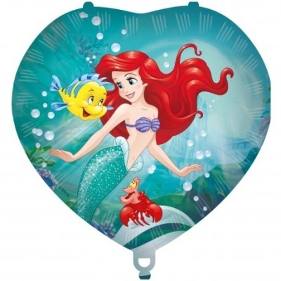 Balão metálico em forma de coração com a imagem da Ariel e peixes coloridos