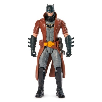 Figura de ação do Batman com fato cinzento e capa castanha