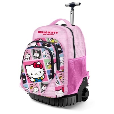 Mochila rosa com carrinho e estampas de personagens Hello Kitty.