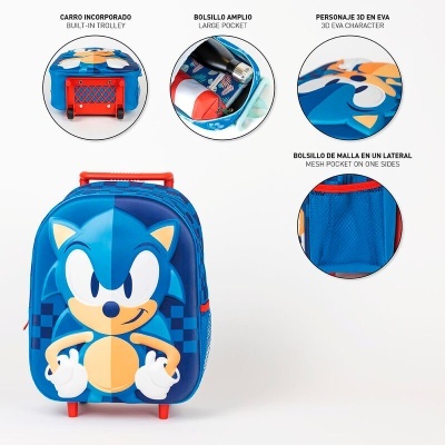 Mochila azul com personagem 3D Sonic, carrinho incorporado e bolsos