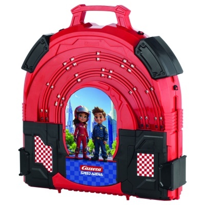 Brinquedo Carrera Speed Arena vermelho e preto com personagens animados exibidos