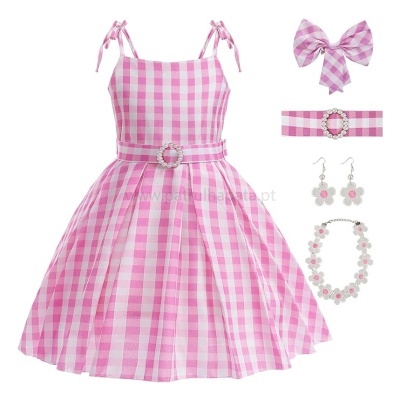 Vestido infantil rosa aos quadrados brancos com cinto e bijuterias