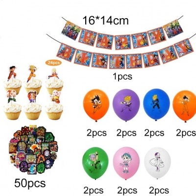 Decoração de aniversário com bandeirolas, toppers, balões coloridos e peças decorativas com personagens