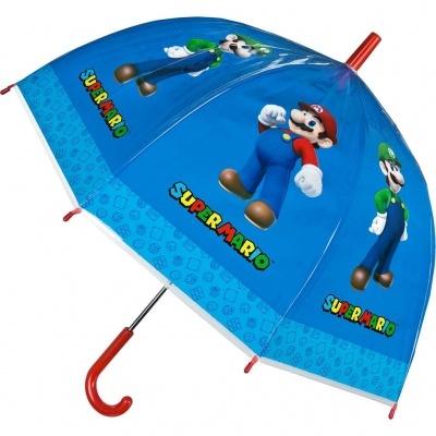 Guarda-chuva infantil azul com estampas de Mario e Luigi e texto SUPERMARIO.