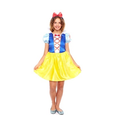 Vestido infantil de princesa Branca de Neve com saia amarela e corpete azul e branco.