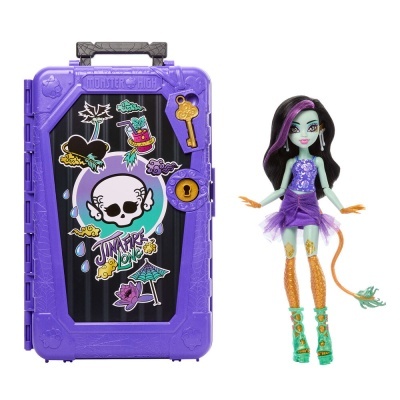 Mala roxa Monster High e boneca Junafire Long com vestido roxo e botas verdes