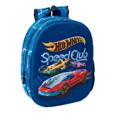 Mochila infantil azul com carrinhos Hot Wheels e textos Speed Club