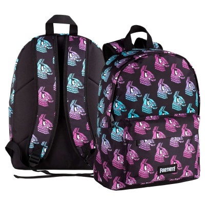 Mochila Fortnite com padrão de caveiras azul e rosa