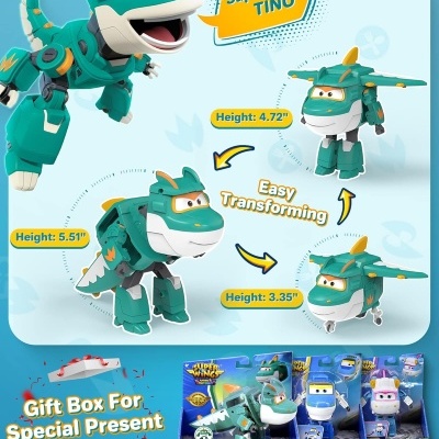 Figura Super Wings Tino verde azul em várias formas com texto em inglês e embalagens coloridas