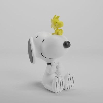 Figura 3D de Snoopy sentado com Woodstock na cabeça, fundo cinza