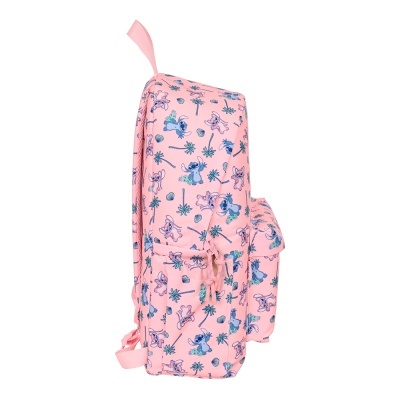 Mochila cor-de-rosa com padrão de personagens e plantas azuis e brancos