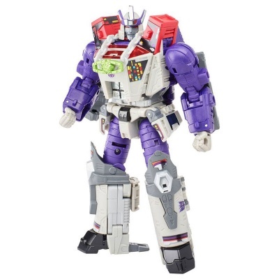 Figura de ação robô com cores roxo, branco, cinza, vermelho e preto