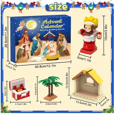 Calendário do advento com blocos de construção de presépio e suas dimensões