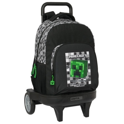 Mochila com rodas Minecraft preta e cinzenta com personagem pixelado verde