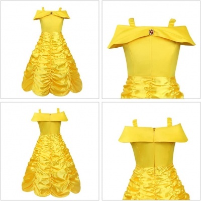 Vestido amarelo com saia franzida e gola dobrada com botão