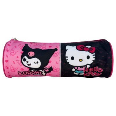 Estojo cilíndrico de tecido com personagens Kuromi e Hello Kitty