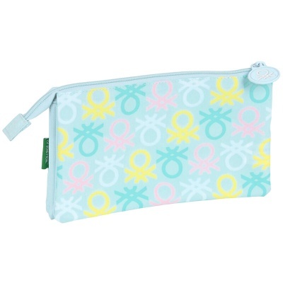 Estojo azul claro com padrão colorido de logotipos