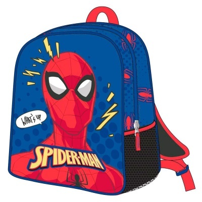 Mochila azul com estampa do Spider-Man e texto
