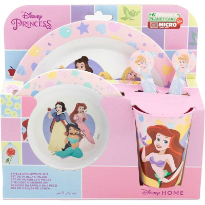 Conjunto de jantar Disney Princess para crianças com desenhos de princesas em prato, tigela, copo e talheres em embalagem rosa e lavanda.