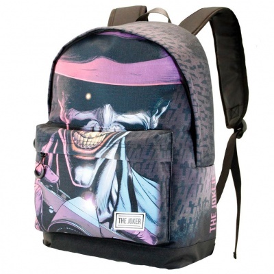 Mochila colorida com estampa do personagem The Joker e etiqueta THE JOKER
