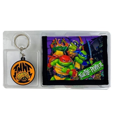 Porta-chaves e carteira das Tartarugas Ninja com cores vibrantes e texto TORTLE POWER