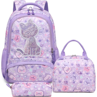 Conjunto escolar lilás com padrão de gatos e mochila com imagem brilhante de gato