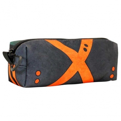 Estojo retangular cinzento escuro com padrão laranja e fecho preto