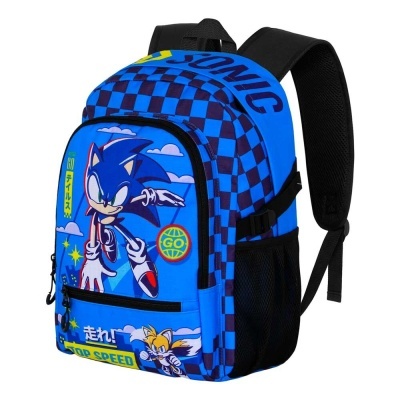 Mochila azul com padrão xadrez e desenhos do Sonic e Tails