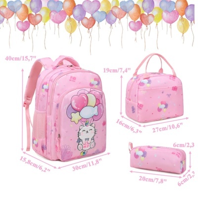 Conjunto de mochilas cor-de-rosa com desenhos de balões e gato