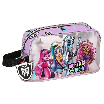 Estojo holográfico lilás Monster High com personagens e logótipo