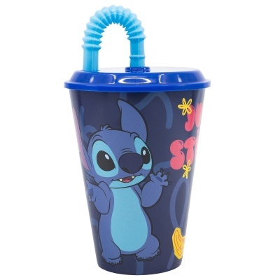 Copo azul com tampa e canudo, personagem Stitch e flores coloridas