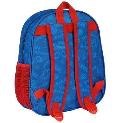 Mochila azul com detalhes vermelhos e padrão gráfico