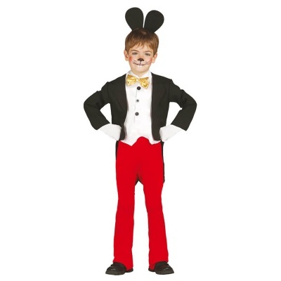 Fato infantil de coelho com orelhas pretas, casaco preto, calças vermelhas e luvas brancas