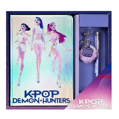 Conjunto KPOP DEMON HUNTERS com caderno holográfico, chaveiro peludo e caneta em caixa