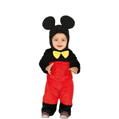 Fato de bebé com orelhas grandes negras, laço amarelo, parte superior preta e calças vermelhas