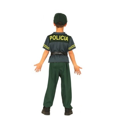 Fantasia de polícia para criança vista de costas.